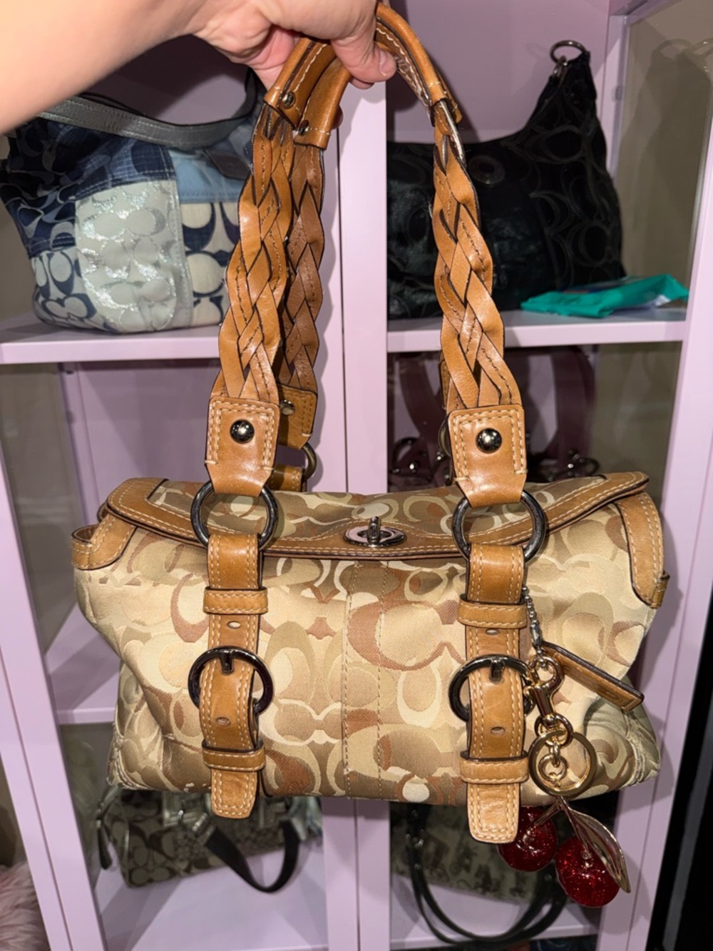 Coach Tan Signature Canvas Satchel with Braided Leather Handles vintage coach